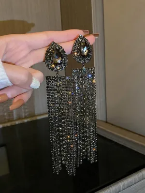 Rhinestone Tassel Drop Earrings - Black