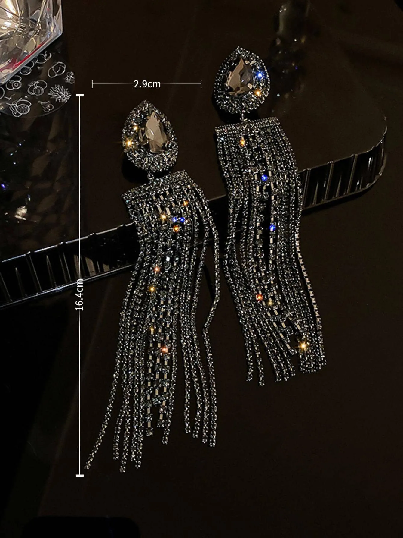 Rhinestone Tassel Drop Earrings - Black