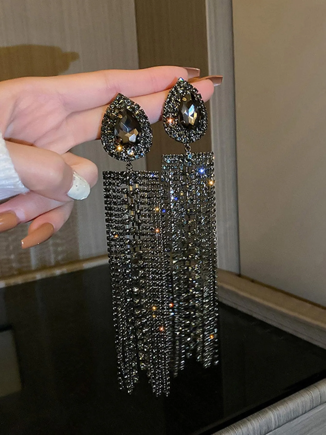 Rhinestone Tassel Drop Earrings - Black