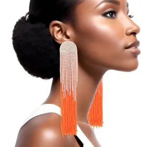 Rhinestone Tassel Earrings: Long Orange Dangle Fashion Jewelry
