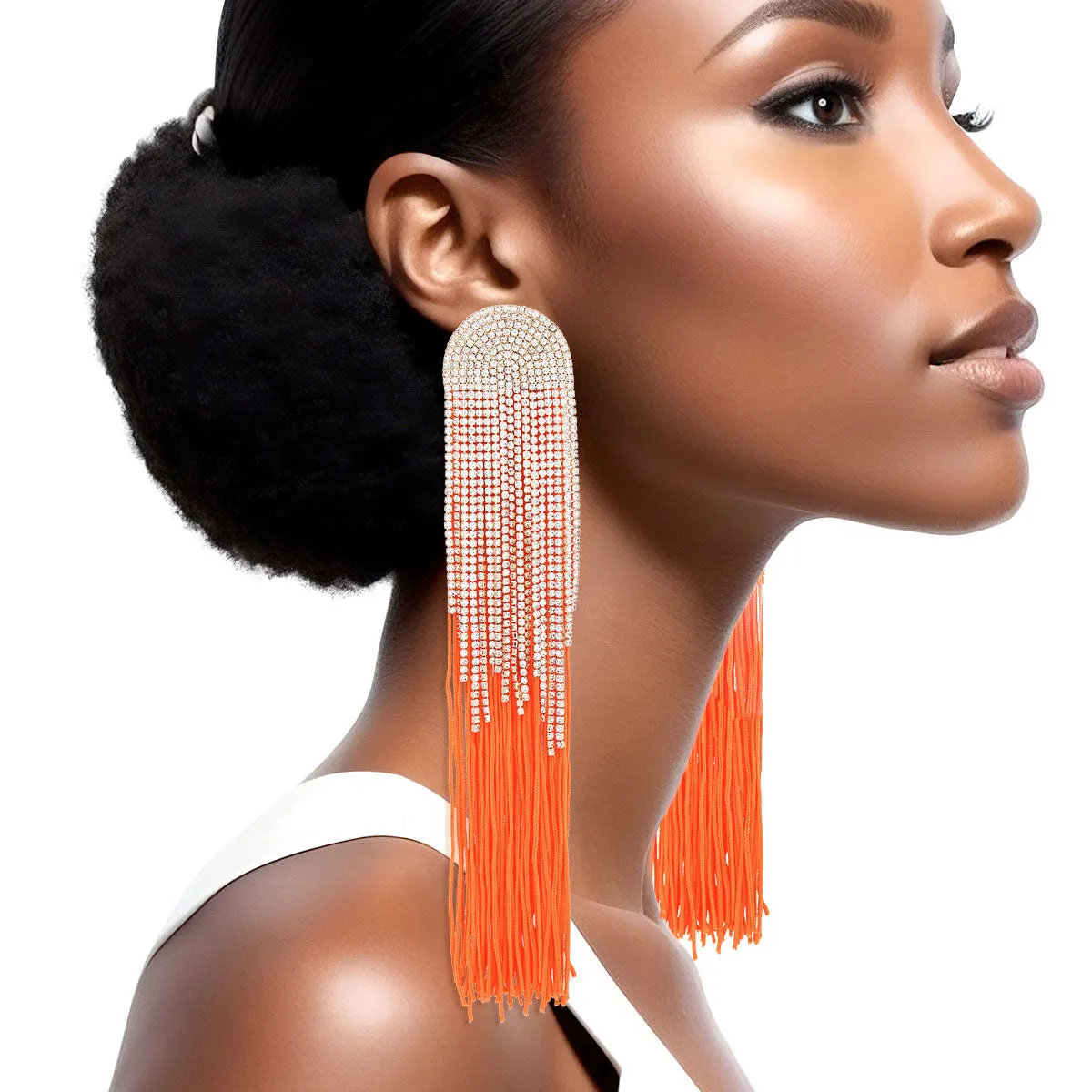 Rhinestone Tassel Earrings: Long Orange Dangle Fashion Jewelry