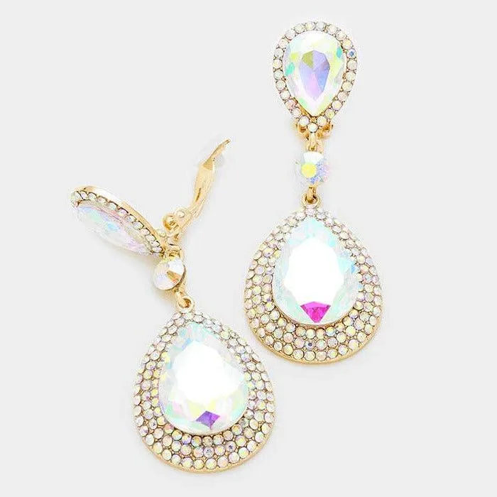 Rhinestone Trim Abalone Crystal Teardrop Clip On Earrings