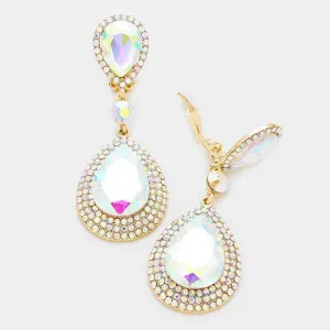 Rhinestone Trim Abalone Crystal Teardrop Clip On Earrings