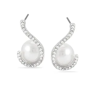 RHODIUM SPIRAL CRYSTAL PEARL STUD  EARRINGS #HNE88529RDCR (GC17)