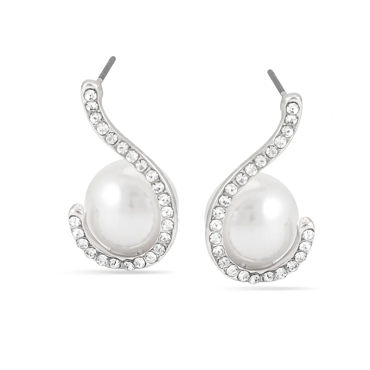 RHODIUM SPIRAL CRYSTAL PEARL STUD  EARRINGS #HNE88529RDCR (GC17)