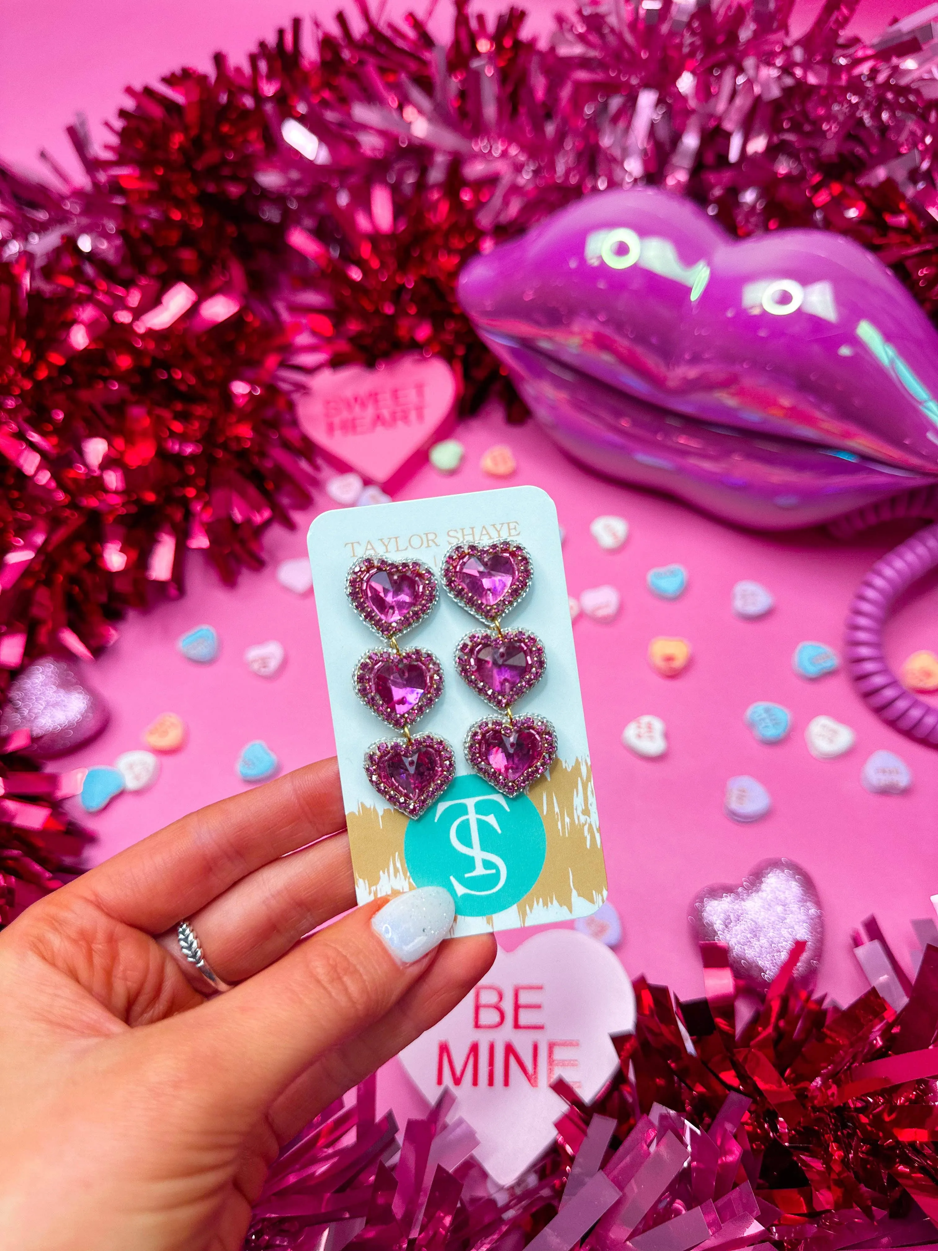 Rosaline Triple Beaded Hearts: Hot Pink