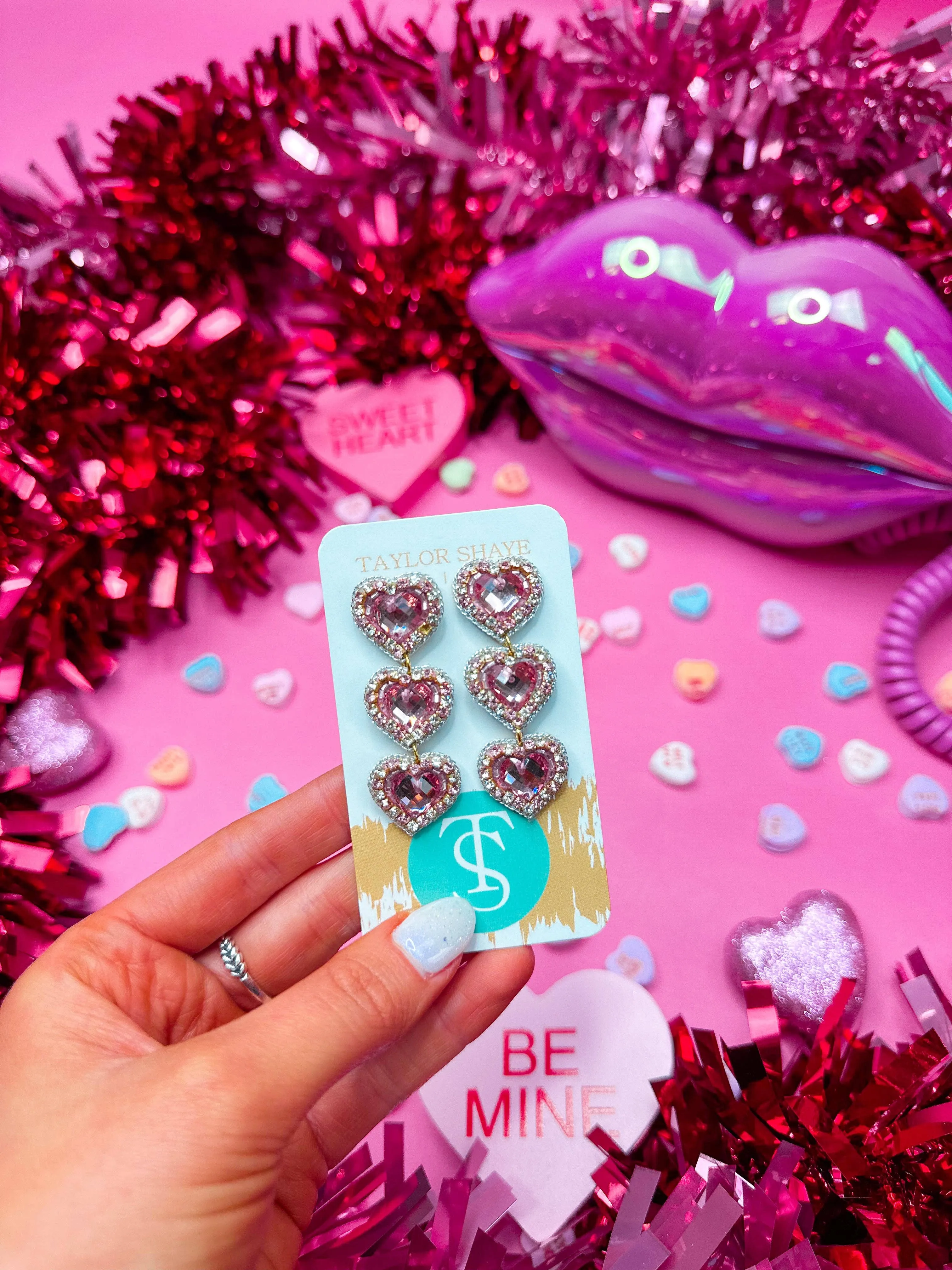 Rosaline Triple Beaded Hearts: Hot Pink