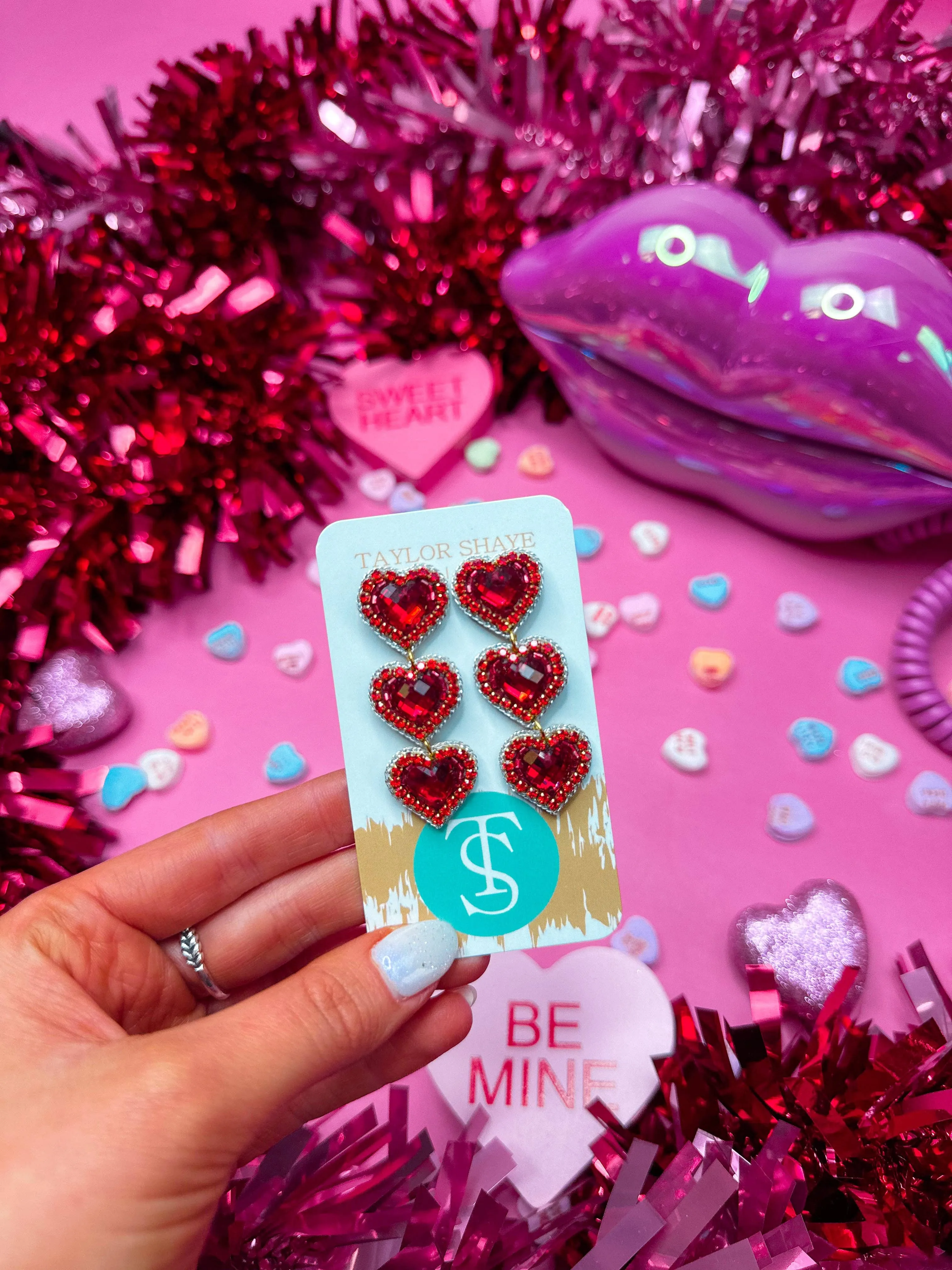 Rosaline Triple Beaded Hearts: Hot Pink
