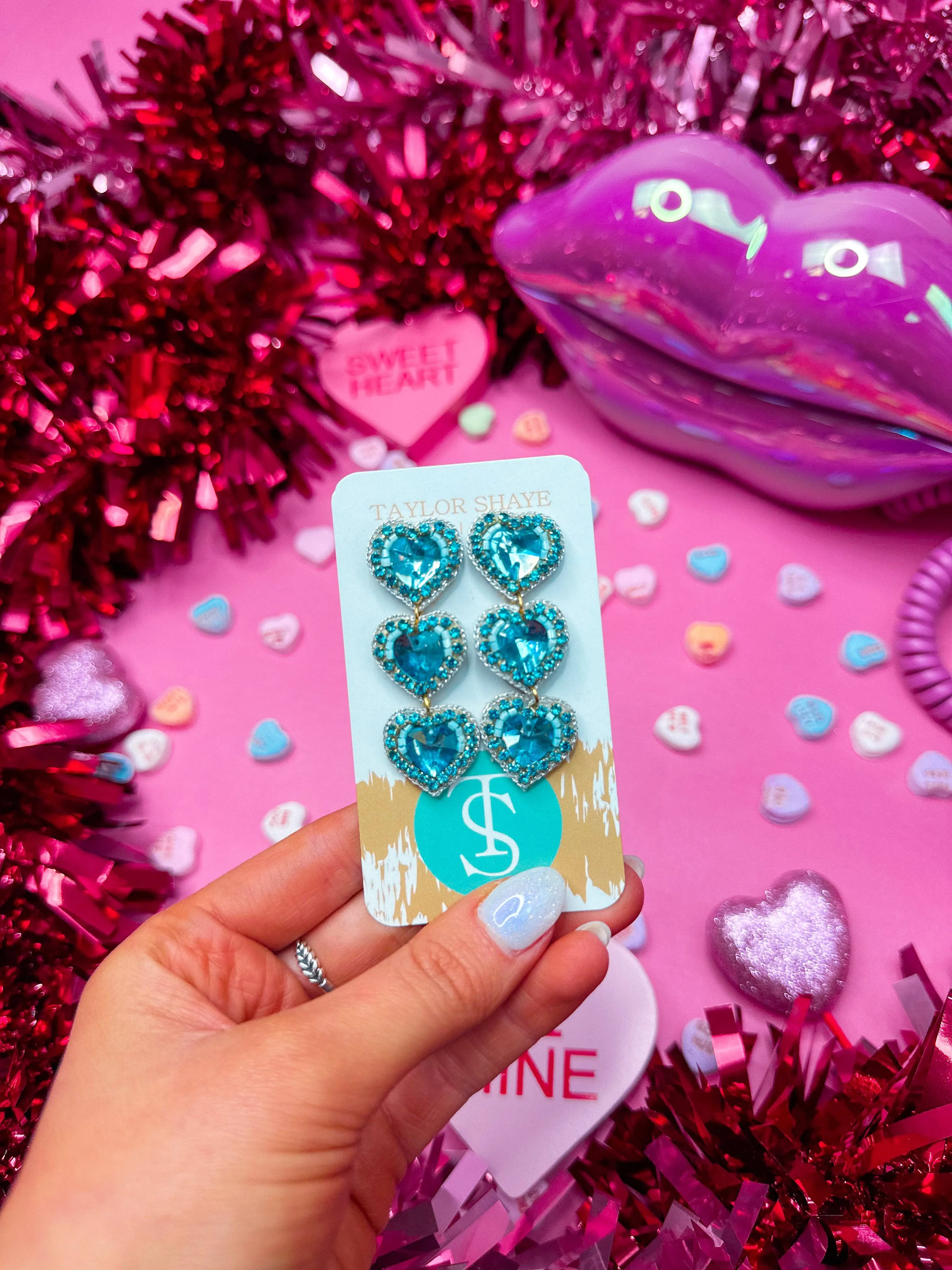 Rosaline Triple Beaded Hearts: Hot Pink