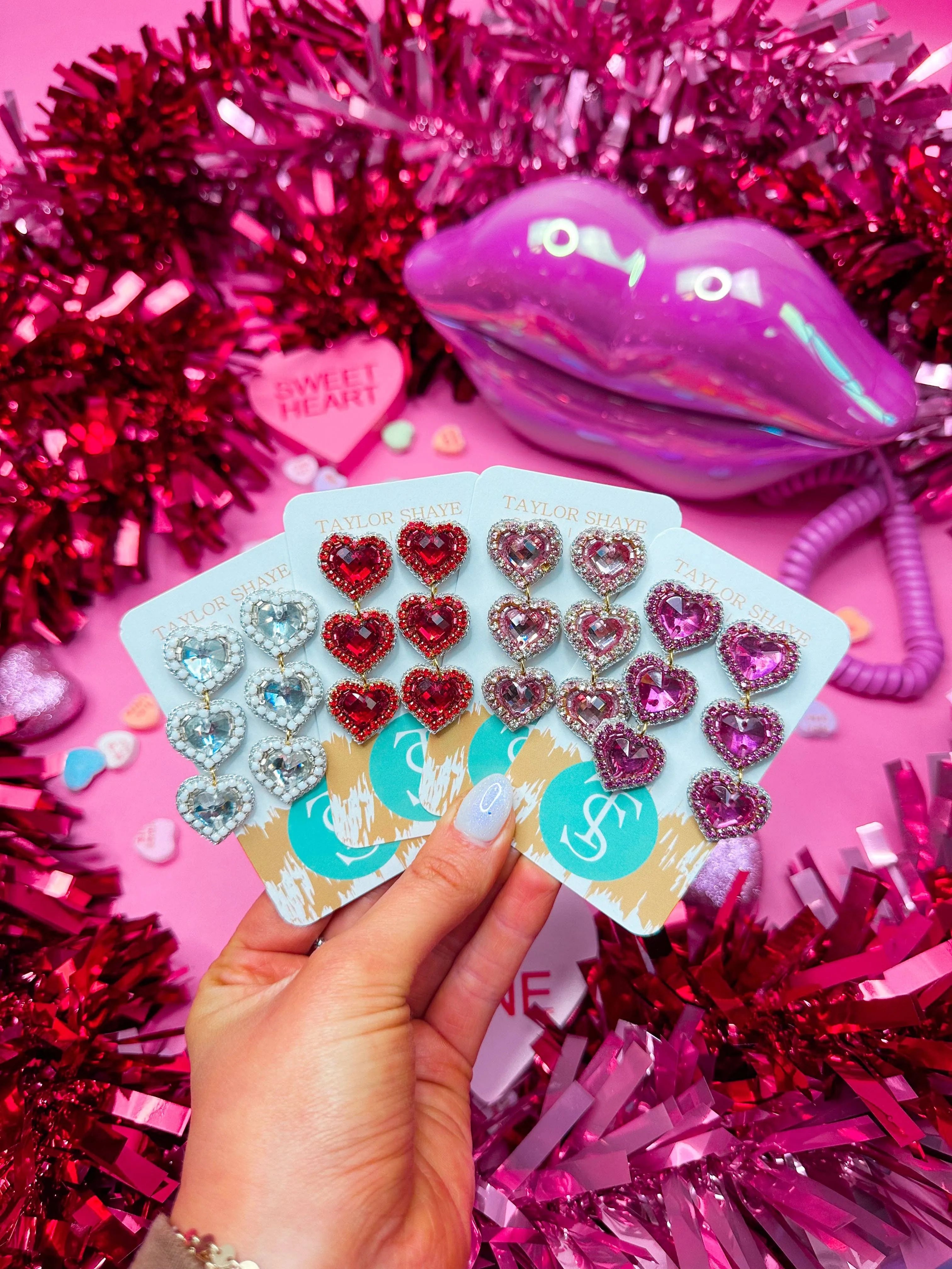 Rosaline Triple Beaded Hearts: Hot Pink