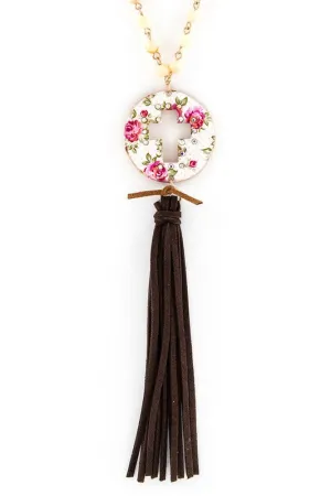 Rose Print Cutout Cross Disk Suede Tassel Necklace Set