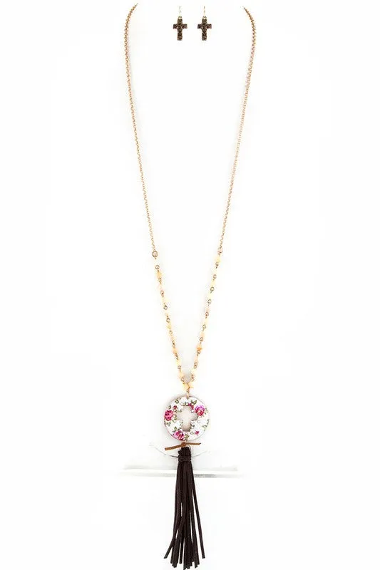 Rose Print Cutout Cross Disk Suede Tassel Necklace Set