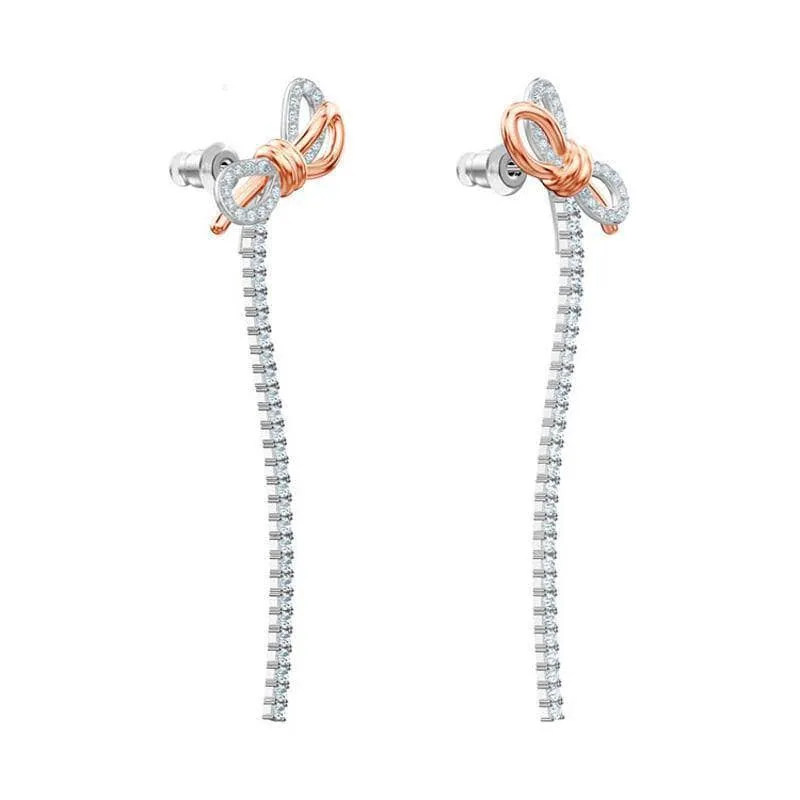 Round Diamond Bow Tassel Temperamental Long Earrings