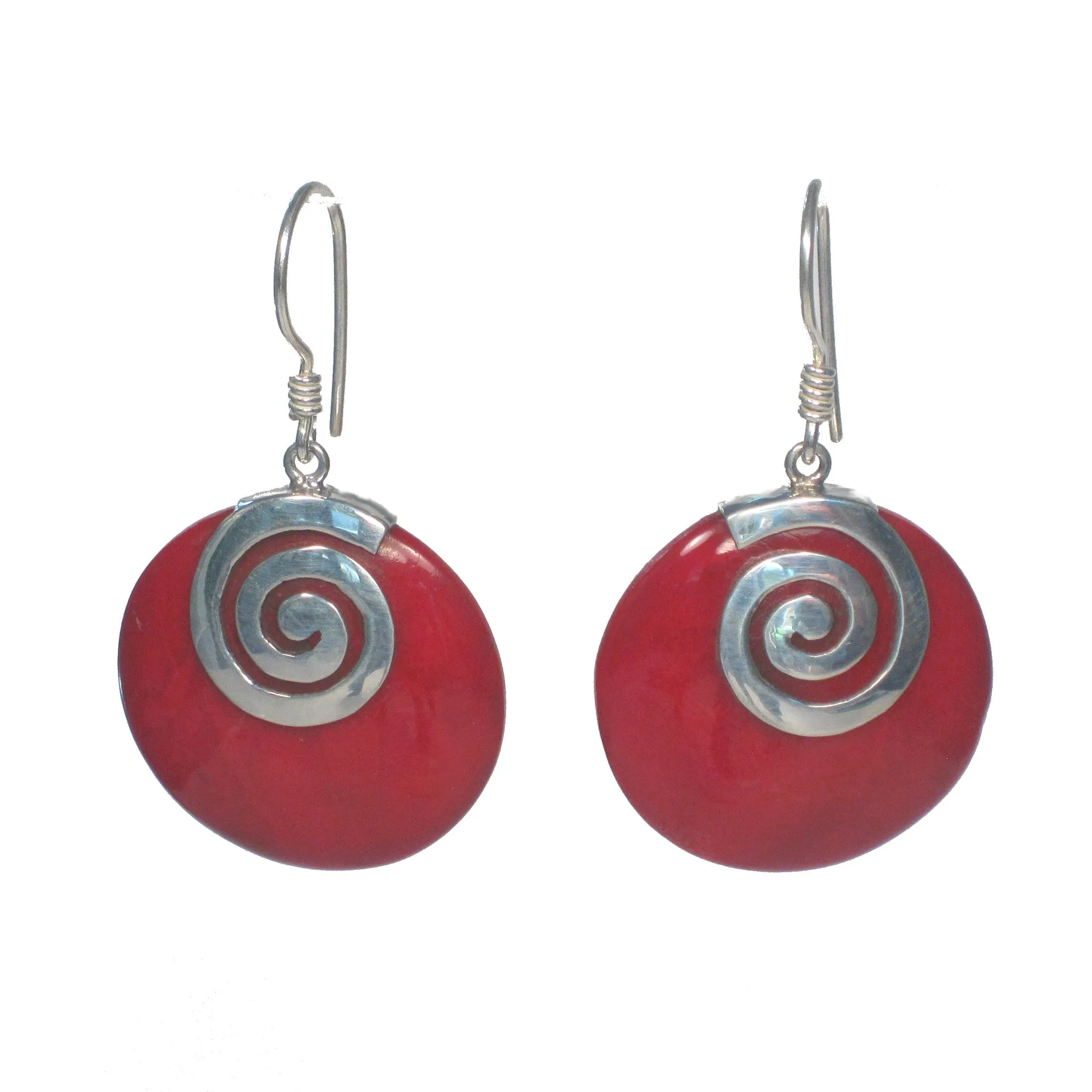 Round Shell with Silver Spiral Dangle Earrings - Multiple Colors Available