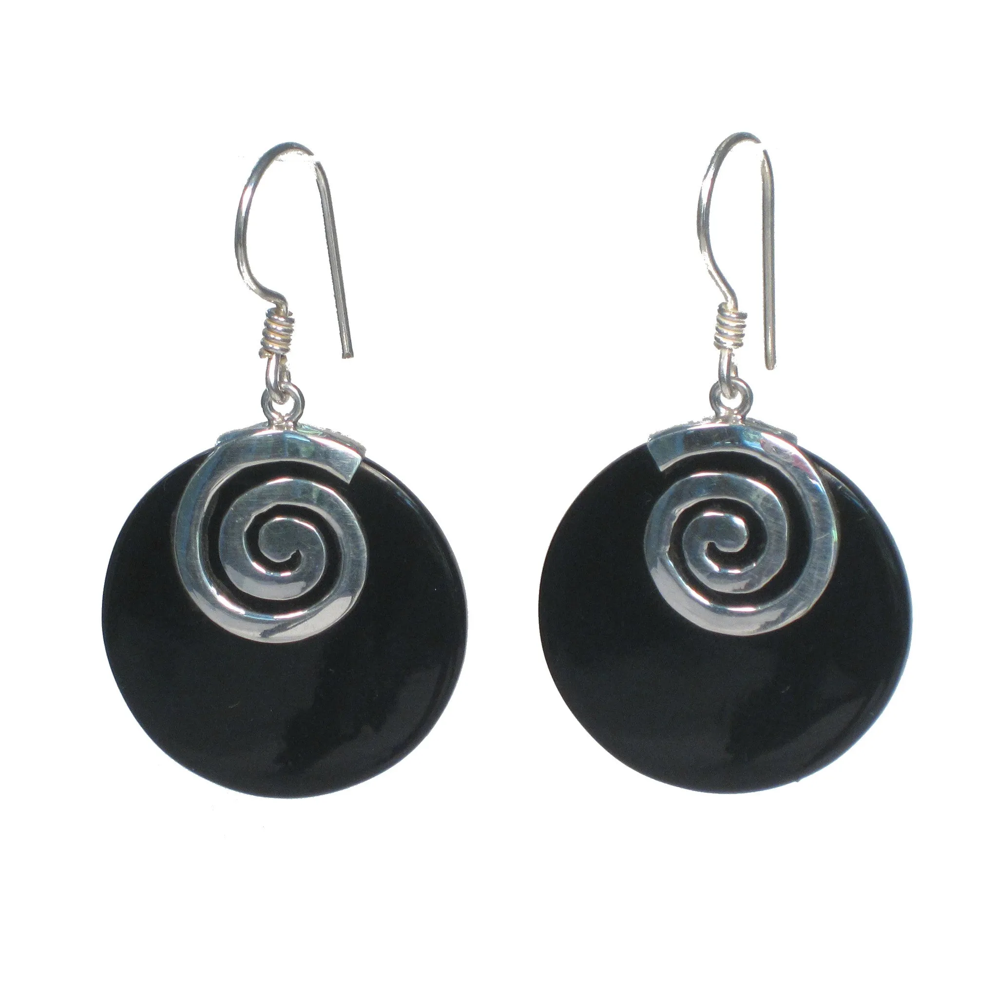 Round Shell with Silver Spiral Dangle Earrings - Multiple Colors Available