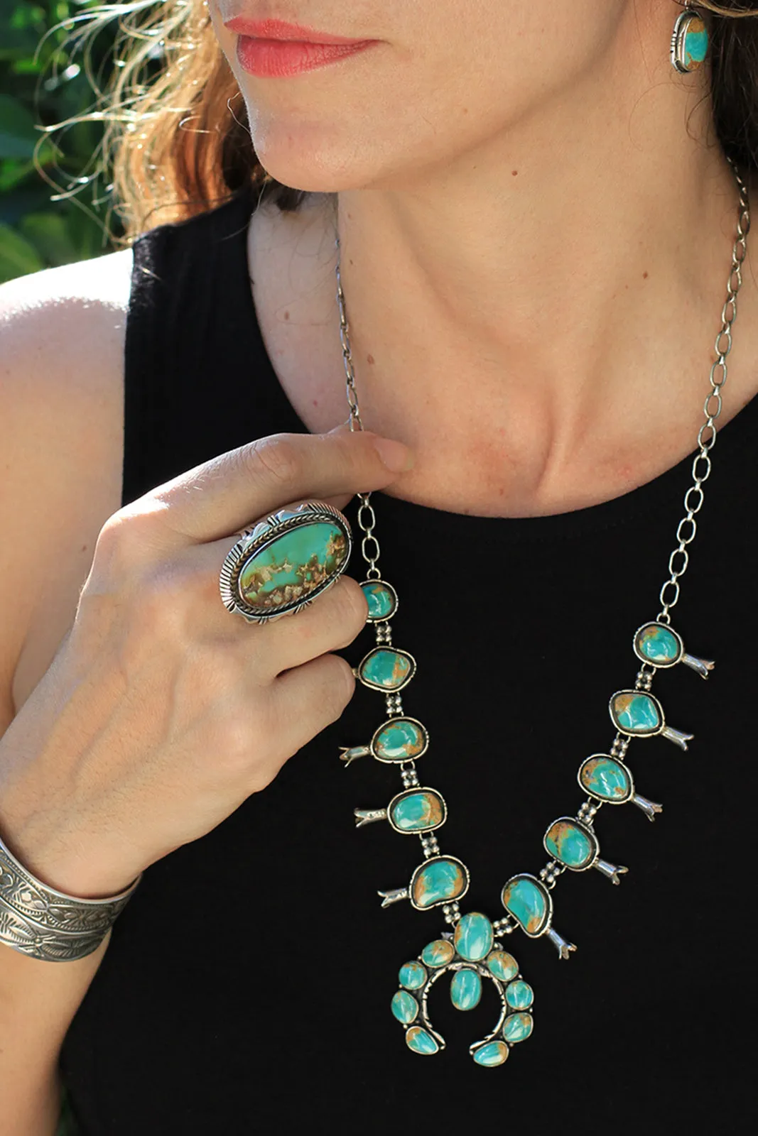 Royston Turquoise Squash Blossom Necklace with Earrings