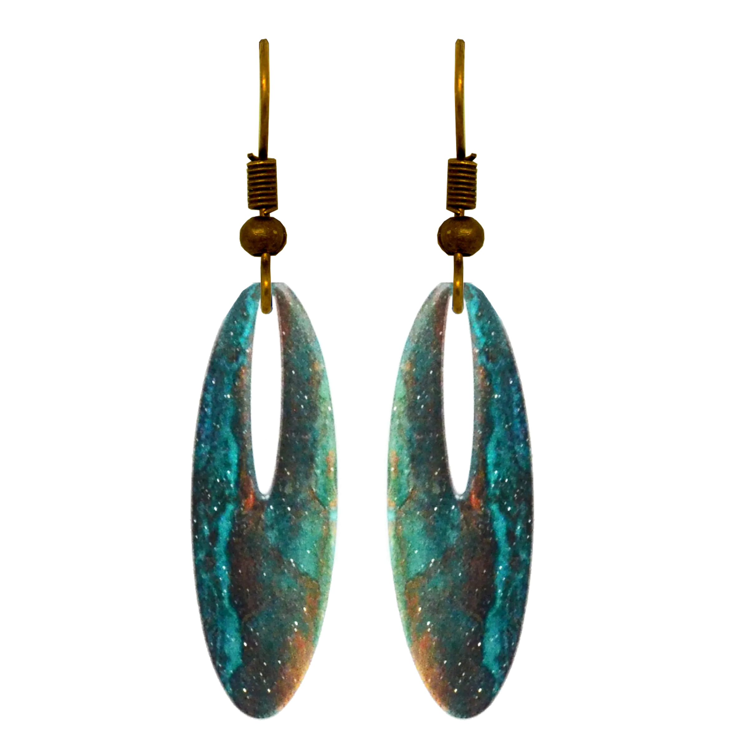 Rusty Turquoise Metallic 2 inch Slender Oval Eye Earrings