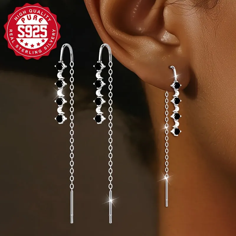 S925 Silver Tassel Earrings with Synthetic Zirconia, Party Daily Wear, Low Alle