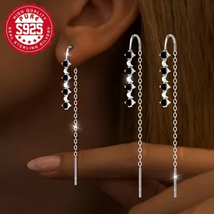 S925 Silver Tassel Earrings with Synthetic Zirconia, Party Daily Wear, Low Alle
