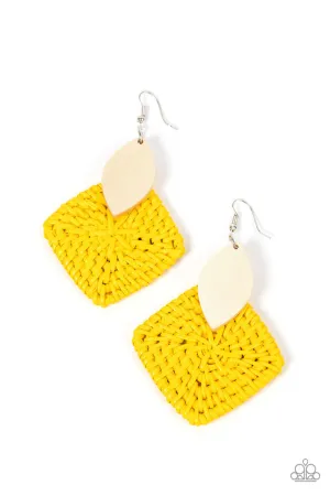 Sabbatical WEAVE - Yellow - Woven Wicker and Wood Paparazzi Fishhook Earrings