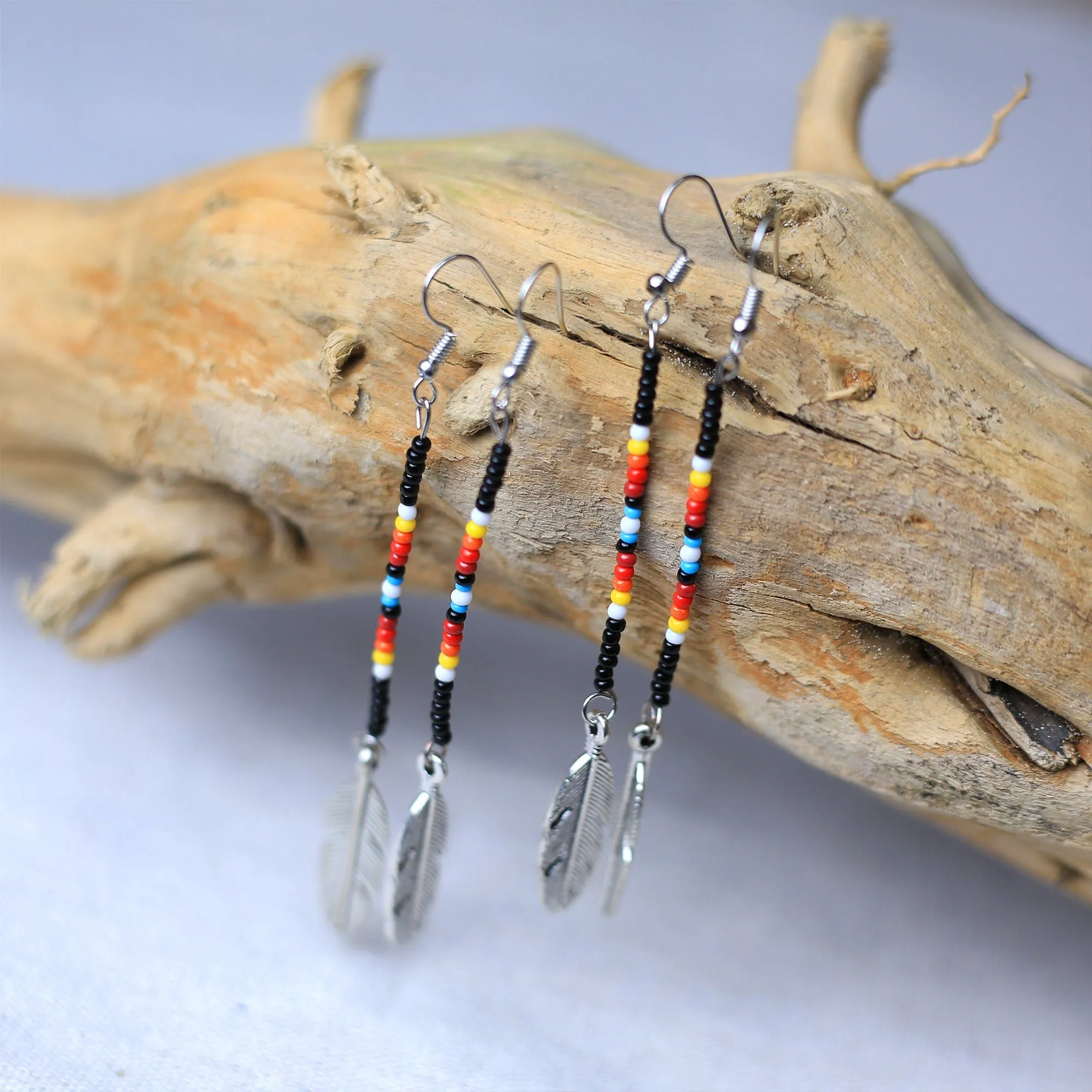 SALE 30% OFF - Black Stick with Metal Feather Beaded Handmade Earrings For Women