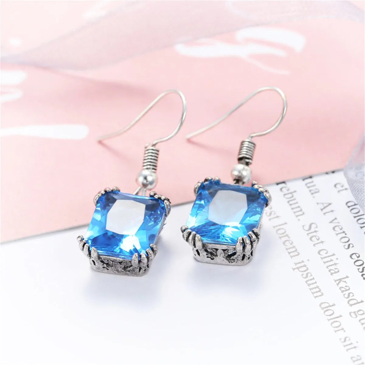 Sea Blue Crystal & Silver-Plated Princess-Cut Drop Earrings
