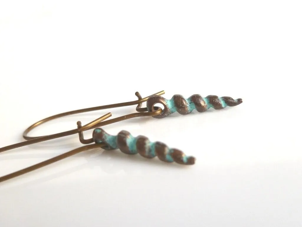 Seashell Earrings, copper shell, bronze shell, aged copper earring, patina earring, antique bronze earring, spiral shell earring, tiny shell
