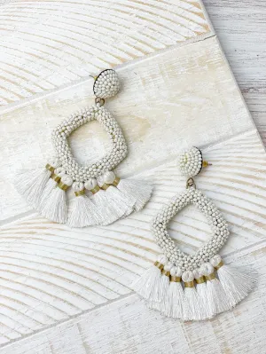 Seed Bead Fringe Dangle Earrings - White