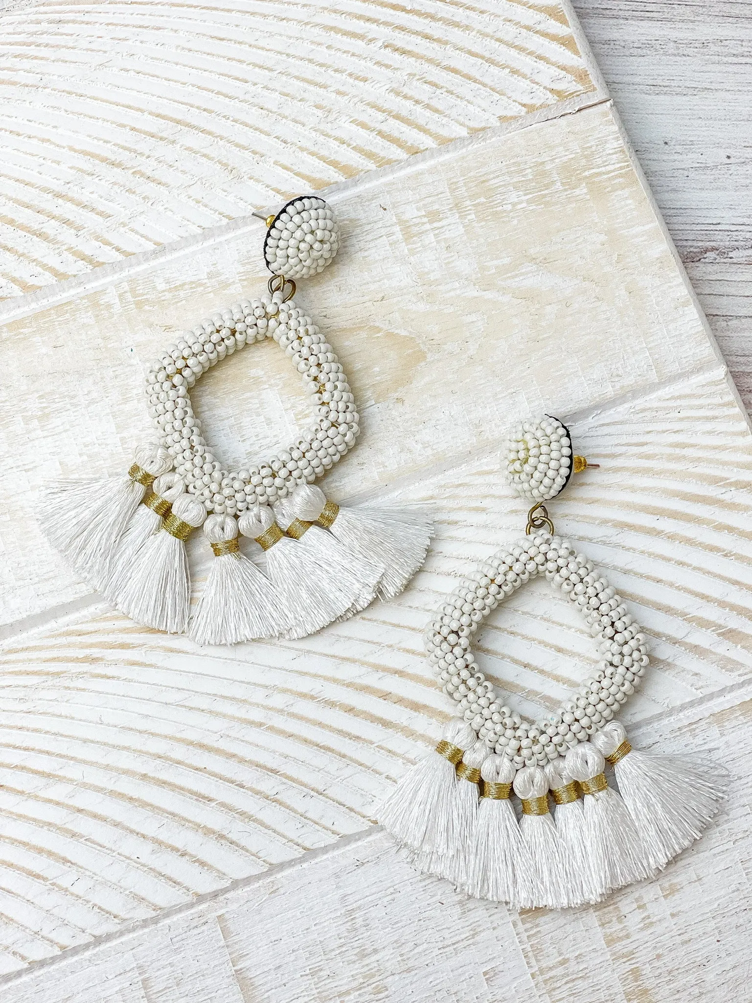 Seed Bead Fringe Dangle Earrings - White