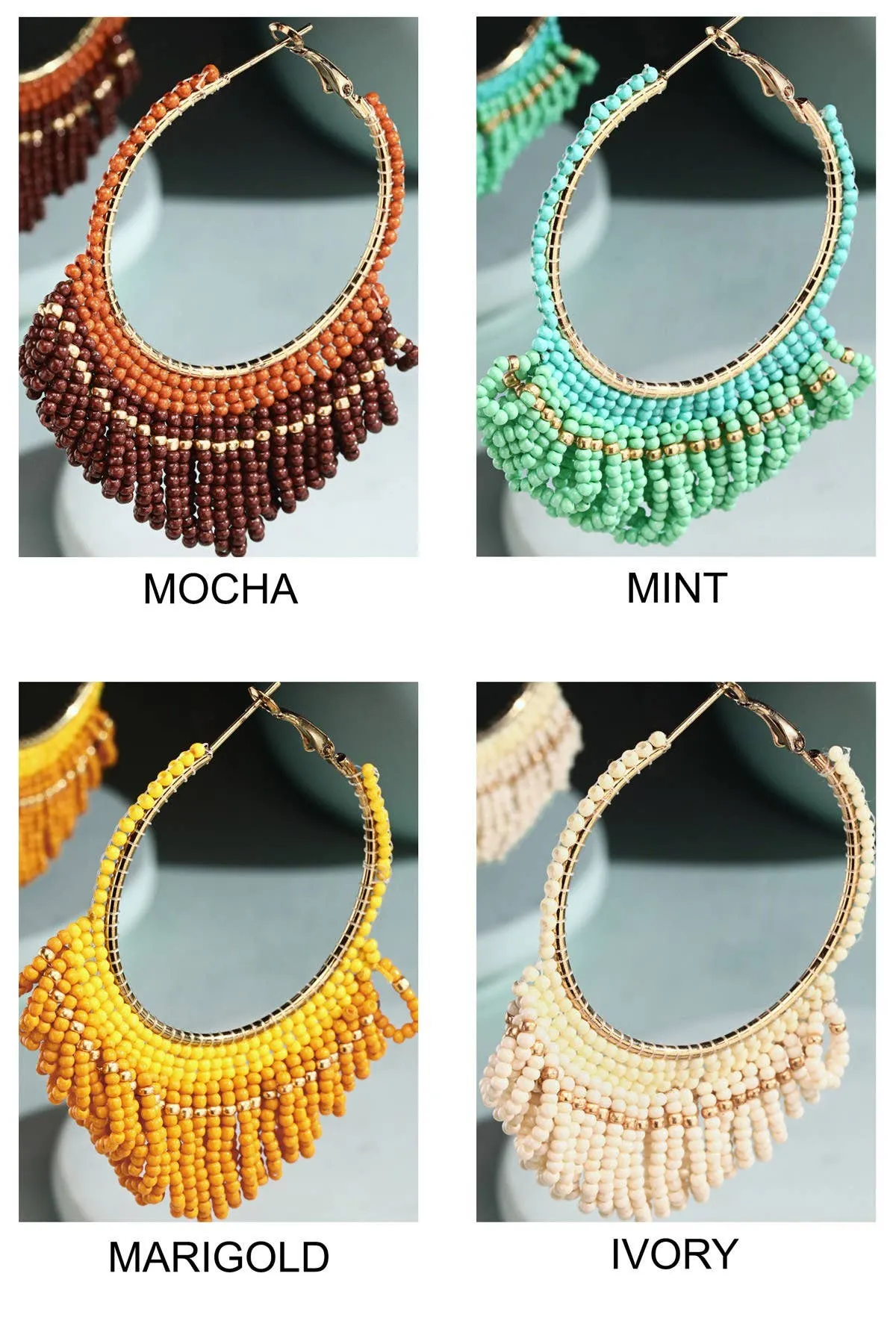 Seed Bead Loop Tassel Hoop Earring : IVORY(GDIVY)
