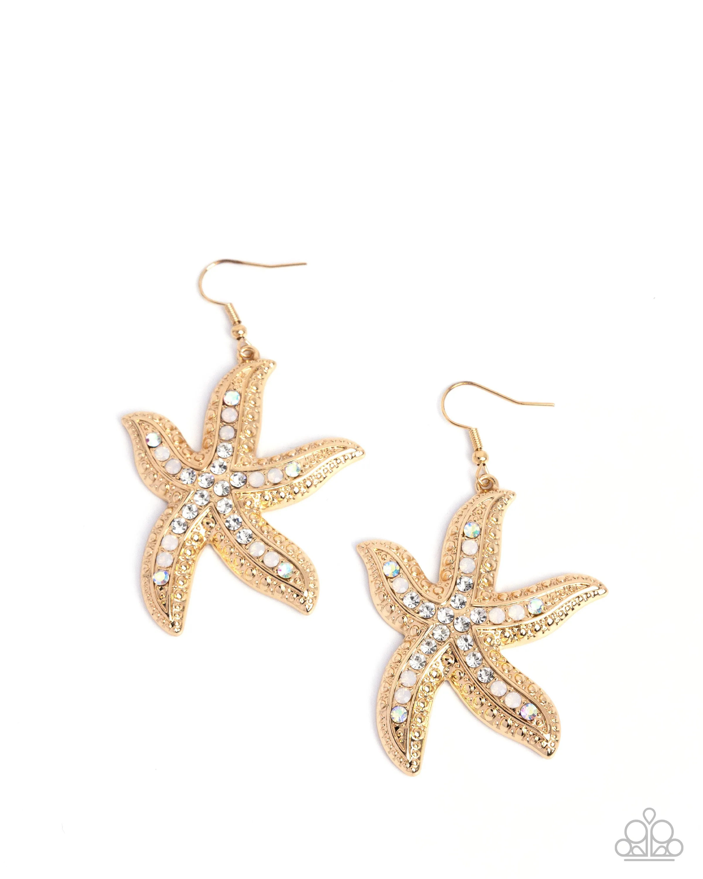Seize the Starfish - Gold - Iridescent Rhinestone Paparazzi Fishhook Earrings