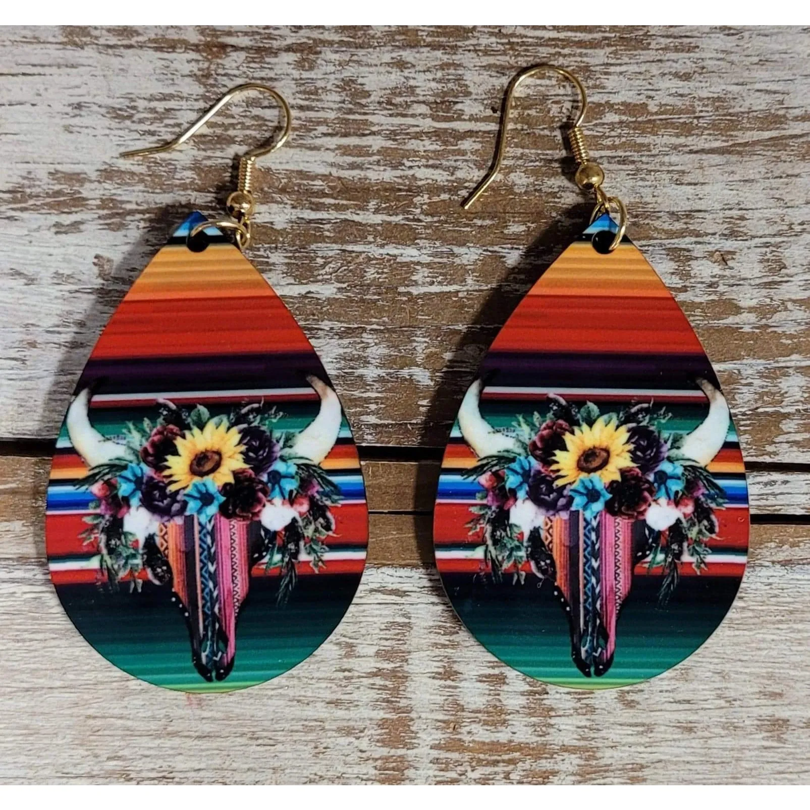 Serape Bullhead Wood Earrings