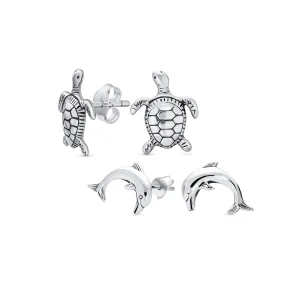 Set of 2 Hawaiian Sea Tortoise Turtle Dolphins Stud Earrings Sterling Silver