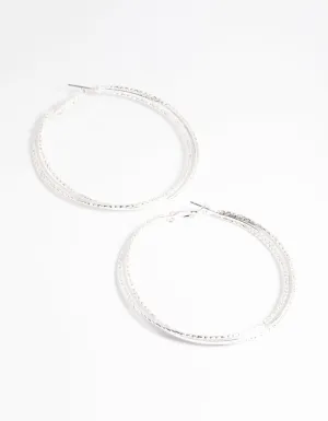 Silver 60mm Textured Twist Hoop Earrings