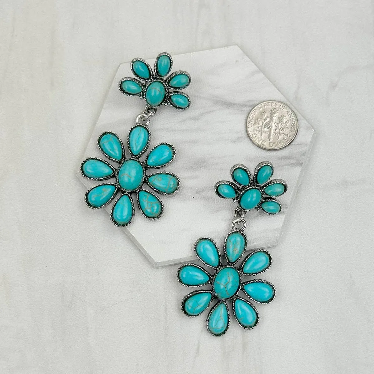 Silver & Blue Turquoise Flower Earrings