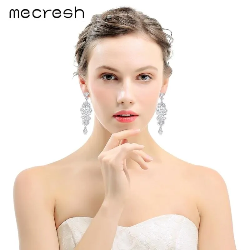 Silver Color Crystal Rhinestone Bridal Drop Earrings
