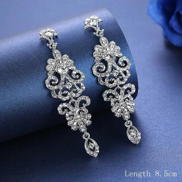 Silver Color Crystal Rhinestone Bridal Drop Earrings