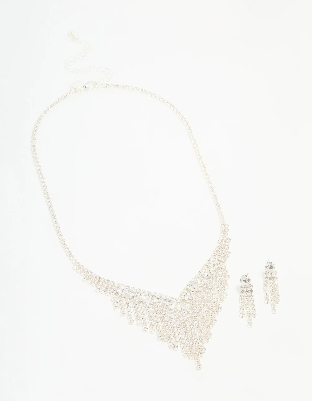Silver Diamante Cupchain Tassel Vine Necklace & Earrings Set