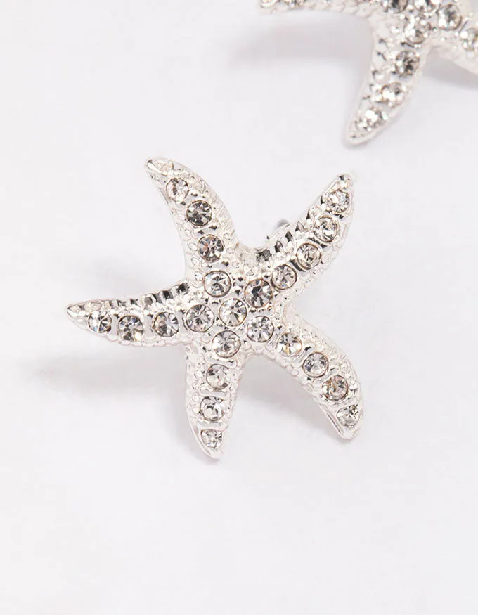 Silver Diamante Starfish Stud Earrings