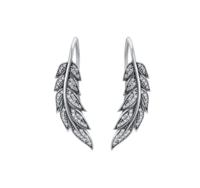 Silver Feather Drop Earrings