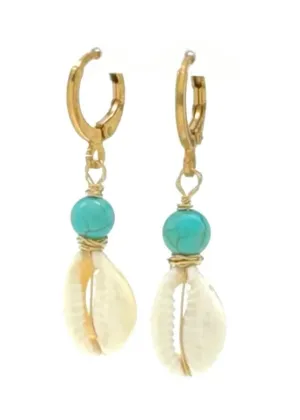 Silver Girl Cowrie Shell Drop Huggie Turquoise