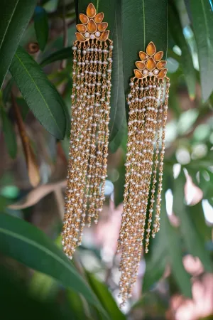 Silver Gold Plated Citrine Pearl Lotus Tassel Earrings