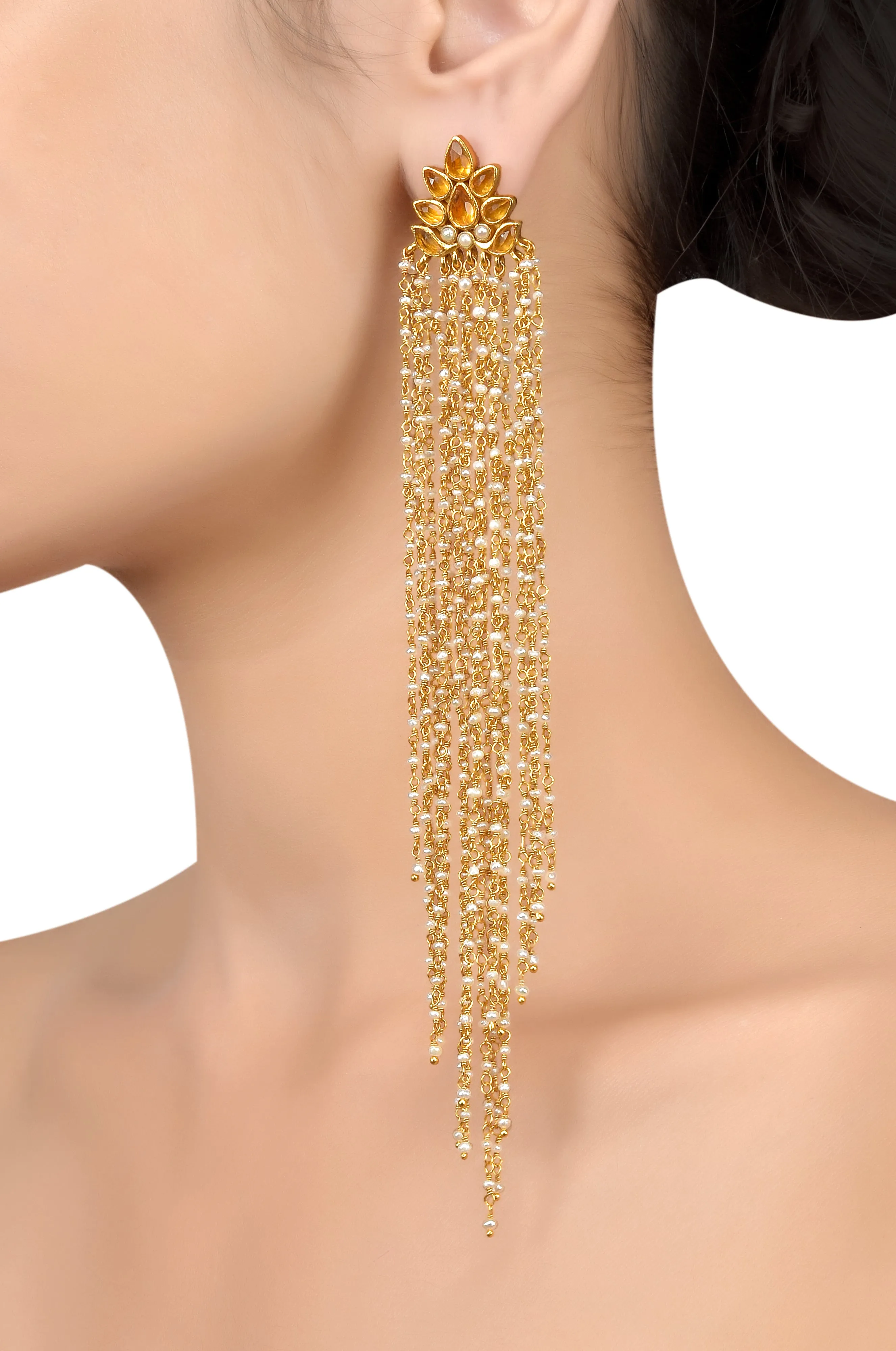 Silver Gold Plated Citrine Pearl Lotus Tassel Earrings