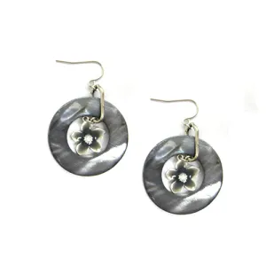 SILVER-GRAY SILVER FLOWER IN GRAY SHELL HOOK EARRINGS  #SE26409_SILVER (FD10)
