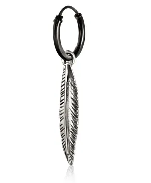 Silver Hoop Earring with Feather Pendant - Oxidized Silver
