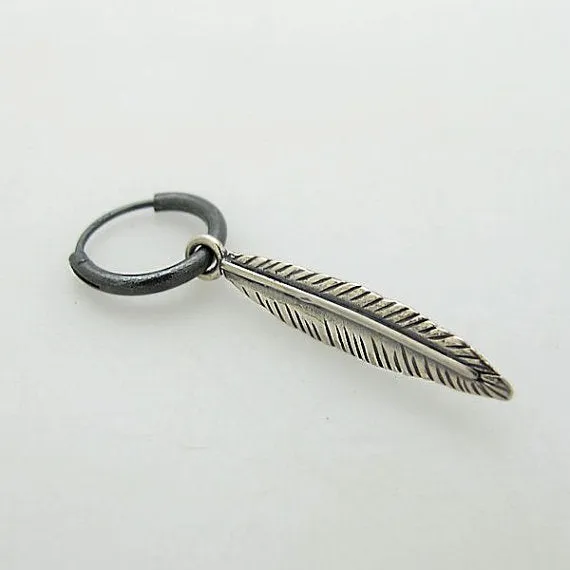 Silver Hoop Earring with Feather Pendant - Oxidized Silver