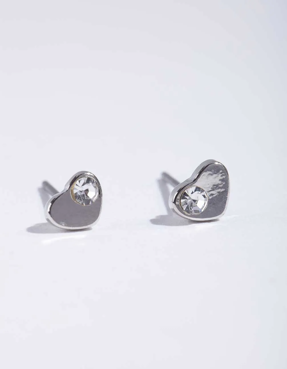 Silver Mini Diamante Heart Stud Earrings