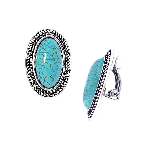 Silver Oxidize Oval Shaped Turquoise Clip-On Earrings #HNE78371_SIL_OX-TRQ (OB13/BE7-8)