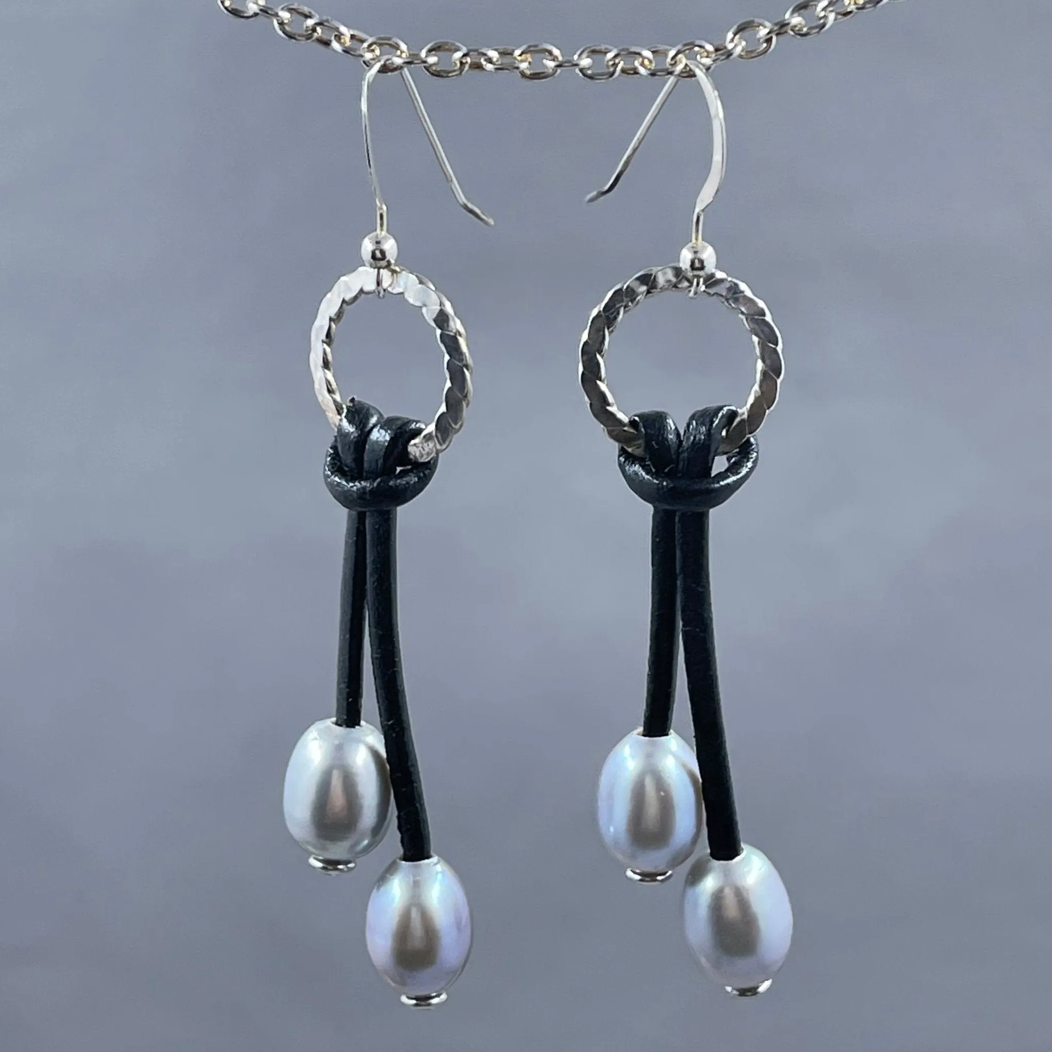 Silver Pearl and Crystal Leather Earrings