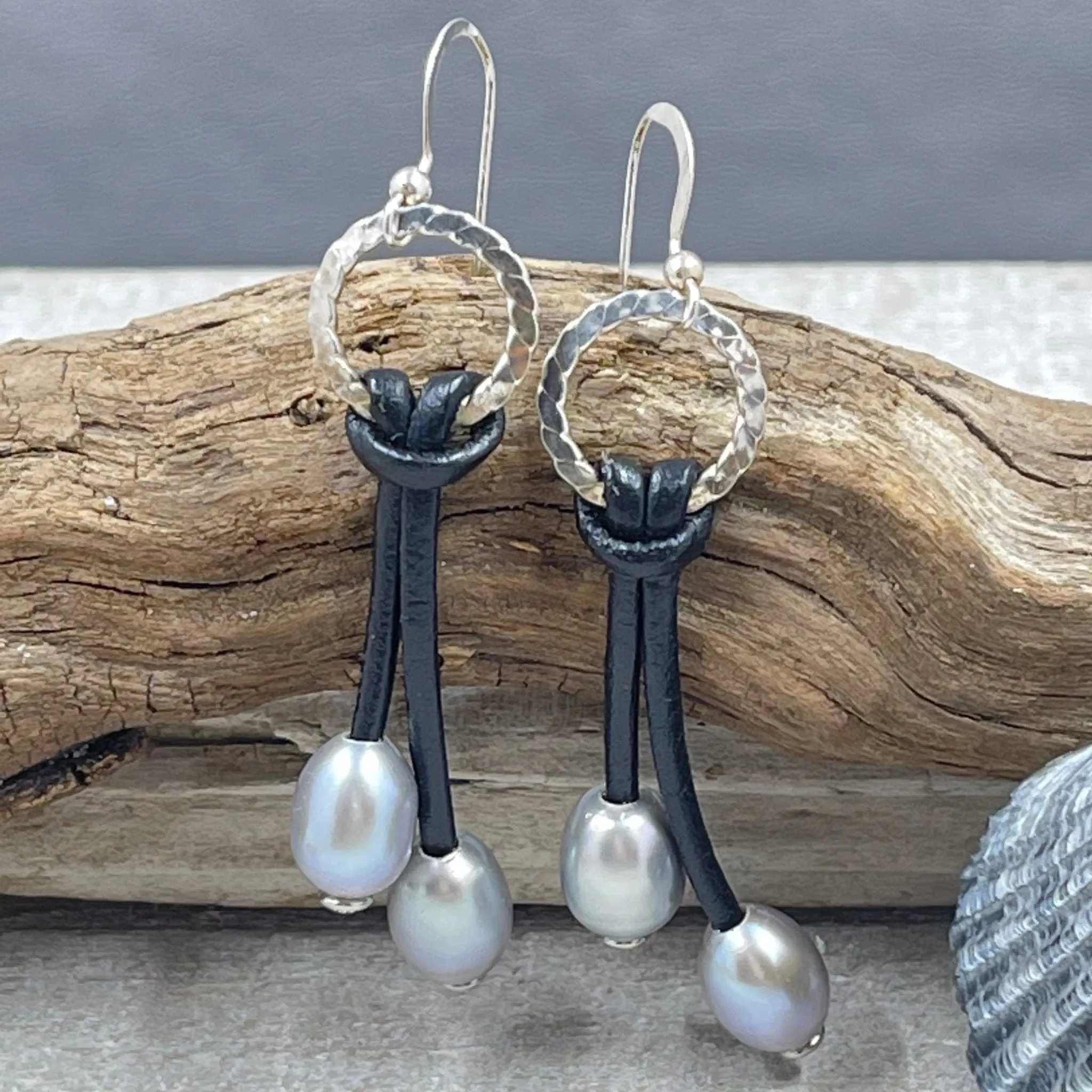 Silver Pearl and Crystal Leather Earrings